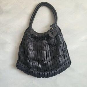 Pikolinos Black Leather Shredded Woven boho Shoulder Back Whipstich 15 x 12